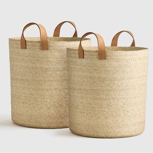 NWT QUINCE Handwoven Round Palm Baskets (Set of 2) Large 16” Tall
